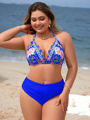 Swim Vcay Conjunto De Biquíni Feminino Plus Size Com Estampa Floral E Gola Halter Com Amarração Na Parte Inferior Lateral
