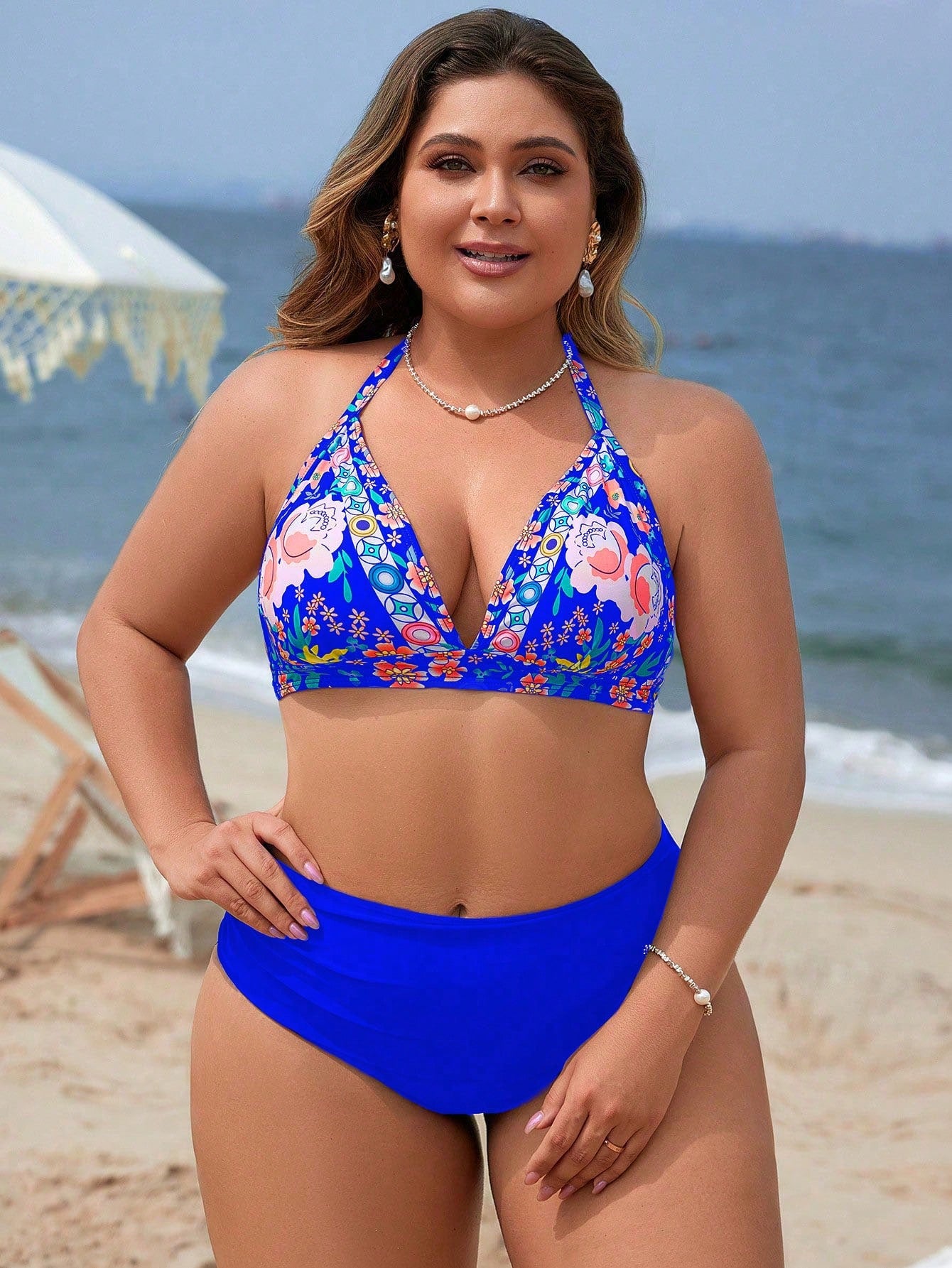 Swim Vcay Conjunto De Biquíni Feminino Plus Size Com Estampa Floral E Gola Halter Com Amarração Na Parte Inferior Lateral