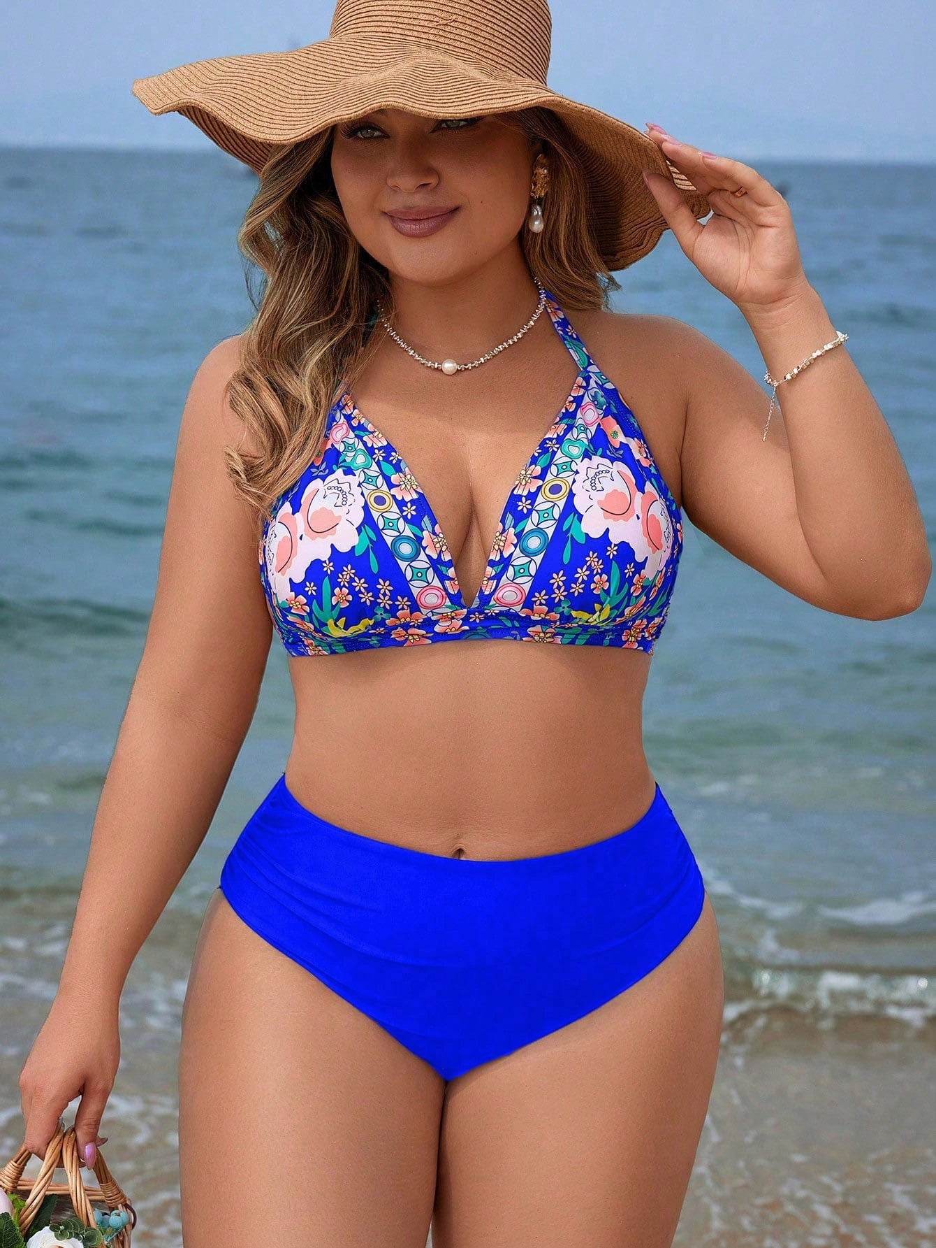 Swim Vcay Conjunto De Biquíni Feminino Plus Size Com Estampa Floral E Gola Halter Com Amarração Na Parte Inferior Lateral