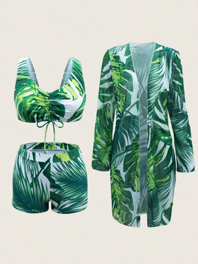 Swim Lushoire Conjunto de Maiô Bikini Sexy com Cordão na Frente e Roupão Floral Tropical de Verão para Mulheres