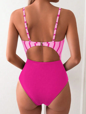 SHEIN Swim Maiô Feminino Listrado Com Recortes Na Cintura E Alças De Espaguete Preto E Branco Para Verão, Praia, Natação E Férias