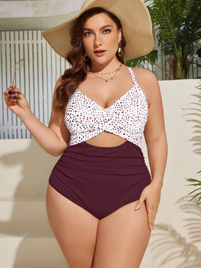 SHEIN Swim Curve Maiô Elegante e Sexy com Twist e Recorte, Plus Size, Adequado para Férias de Verão