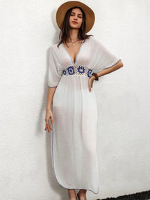 Swim Vcay Vestidos de Praia para Mulheres, Vestido com Manga Morcego, Recortes em Crochê e Acabamento Contrastante, Verão