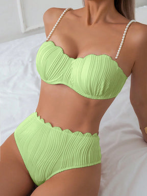 Conjunto de Maiô Bikini Sexy Feminino para o Verão na Praia com tiras de ombro decoradas com pérolas falsas