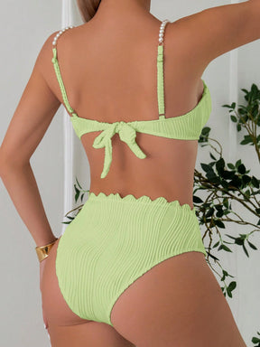 Conjunto de Maiô Bikini Sexy Feminino para o Verão na Praia com tiras de ombro decoradas com pérolas falsas