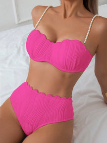 Conjunto de Maiô Bikini Sexy Feminino para o Verão na Praia com tiras de ombro decoradas com pérolas falsas