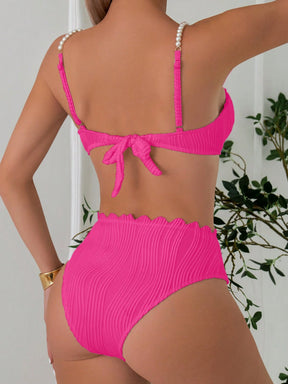 Conjunto de Maiô Bikini Sexy Feminino para o Verão na Praia com tiras de ombro decoradas com pérolas falsas