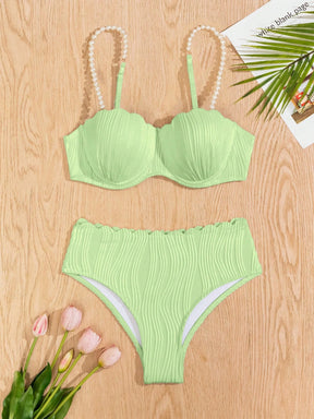 Conjunto de Maiô Bikini Sexy Feminino para o Verão na Praia com tiras de ombro decoradas com pérolas falsas