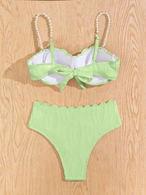 Conjunto de Maiô Bikini Sexy Feminino para o Verão na Praia com tiras de ombro decoradas com pérolas falsas