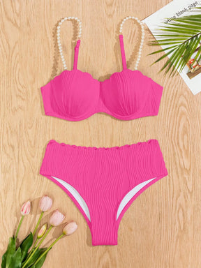 Conjunto de Maiô Bikini Sexy Feminino para o Verão na Praia com tiras de ombro decoradas com pérolas falsas