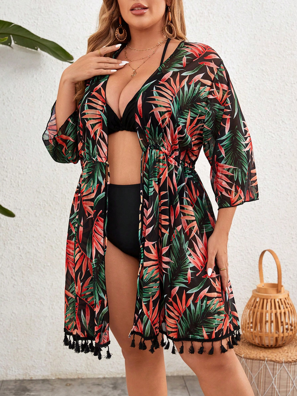 Swim Lushoire Kimono com Manga Longa e Estampa de Folhas de Árvore, Estilo de Férias para Mulheres Plus Size, Verão