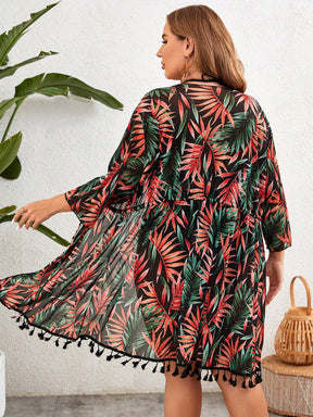 Swim Lushoire Kimono com Manga Longa e Estampa de Folhas de Árvore, Estilo de Férias para Mulheres Plus Size, Verão