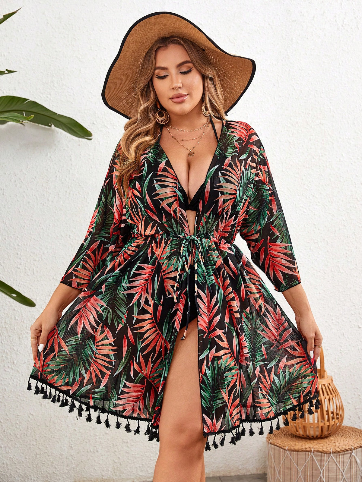 Swim Lushoire Kimono com Manga Longa e Estampa de Folhas de Árvore, Estilo de Férias para Mulheres Plus Size, Verão