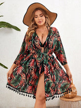 Swim Lushoire Kimono com Manga Longa e Estampa de Folhas de Árvore, Estilo de Férias para Mulheres Plus Size, Verão