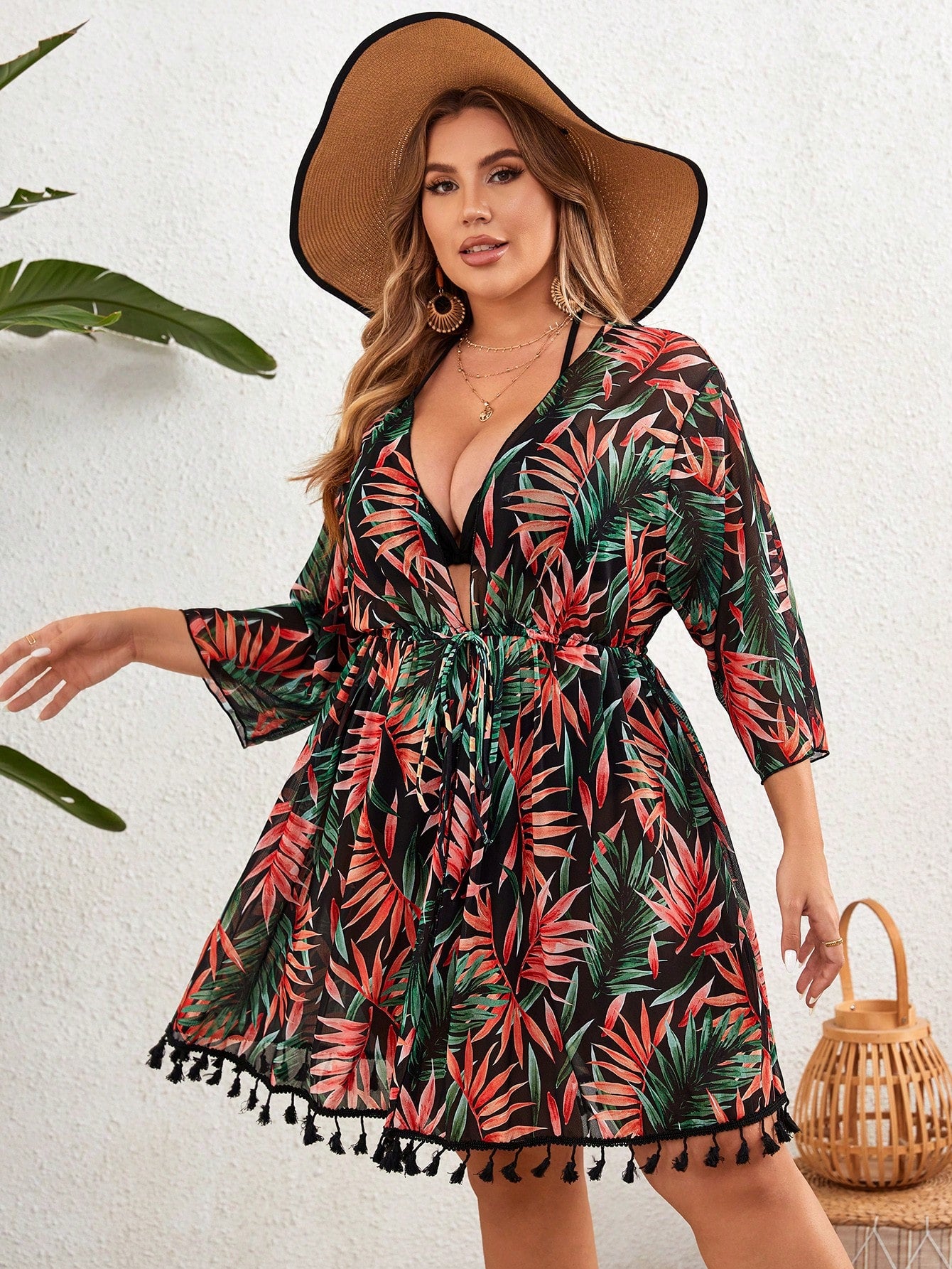 Swim Lushoire Kimono com Manga Longa e Estampa de Folhas de Árvore, Estilo de Férias para Mulheres Plus Size, Verão