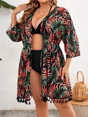 Swim Lushoire Kimono com Manga Longa e Estampa de Folhas de Árvore, Estilo de Férias para Mulheres Plus Size, Verão
