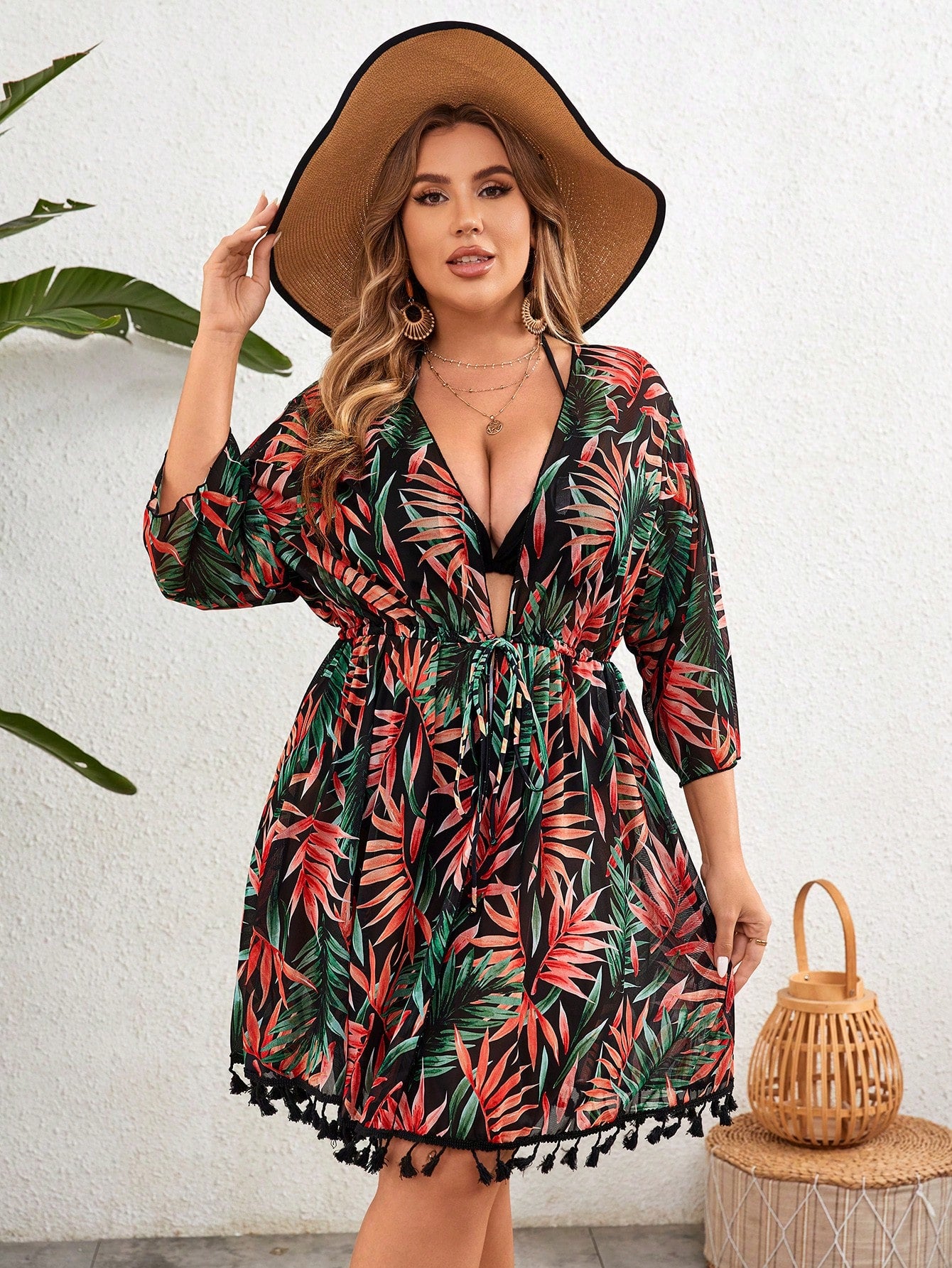 Swim Lushoire Kimono com Manga Longa e Estampa de Folhas de Árvore, Estilo de Férias para Mulheres Plus Size, Verão