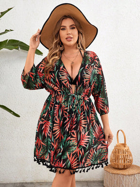 Swim Lushoire Kimono com Manga Longa e Estampa de Folhas de Árvore, Estilo de Férias para Mulheres Plus Size, Verão
