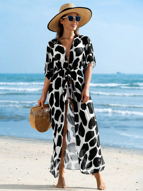 Swim Lushoire Quimono estilo praia com estampa de vaca, mangas murciélago e cinto de amarração na cintura para as férias de verão.