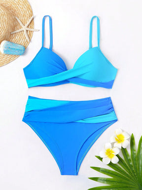 SHEIN Swim Conjunto de Bikini feminino com detalhe transversal em blocos de cores para o verão na praia