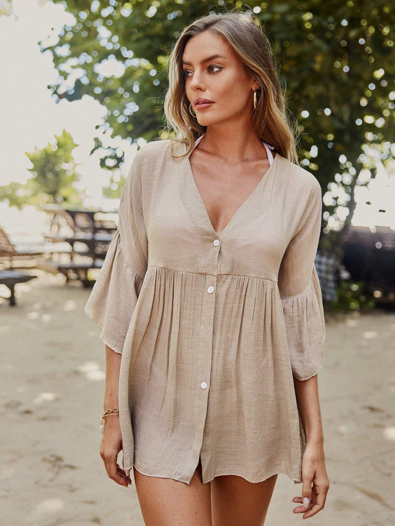SHEIN VCAY Kimono de Praia Feminino com Decote em V e Bainha de Flor de Lótus