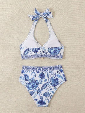 Swim Vcay Conjunto de Maiô Bikini feminino com estampa floral para o verão, com alça de conexão circular e laço no pescoço estilo Halter
