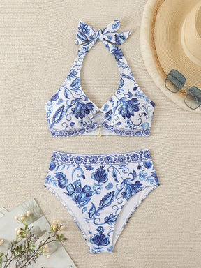 Swim Vcay Conjunto de Maiô Bikini feminino com estampa floral para o verão, com alça de conexão circular e laço no pescoço estilo Halter