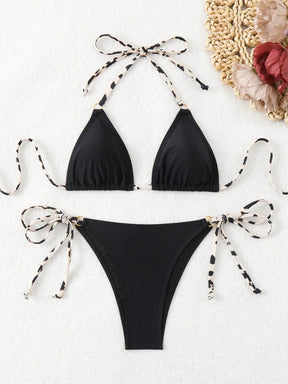 SHEIN Swim Conjunto de Maiô Bikini Estampado Aleatório, Decote em Halter, Costas Vazadas, Sensual, Praia de Verão