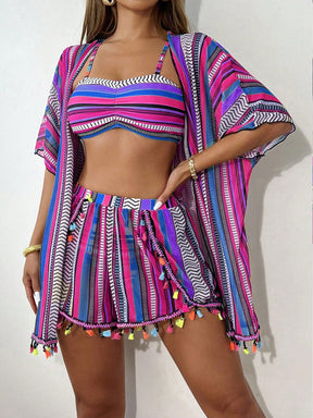 SHEIN Swim 4 Peças Conjunto de Maiô Bikini com Top Franzido de Estampa Geométrica, Parte de Baixo de Maiô Bikini de Padrão Geométrico, Cardigan Colorido com Franjas e Shorts Coloridos com Franjas, Carnaval de Verão
