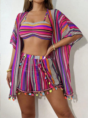 SHEIN Swim 4 Peças Conjunto de Maiô Bikini com Top Franzido de Estampa Geométrica, Parte de Baixo de Maiô Bikini de Padrão Geométrico, Cardigan Colorido com Franjas e Shorts Coloridos com Franjas, Carnaval de Verão