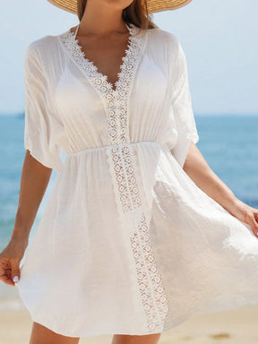 Swim Vcay Vestidos de Praia para Mulheres, Vestido Cobre-Tudo de Mulheres com Decote em V Liso, Recorte de Renda, Manga Curta para Verão