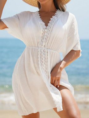 Swim Vcay Vestidos de Praia para Mulheres, Vestido Cobre-Tudo de Mulheres com Decote em V Liso, Recorte de Renda, Manga Curta para Verão