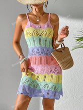 Vestido Tricô Vazado Recorte Colorido Contrastante, Vestido Boêmio Feminino de Verão para Férias na Praia