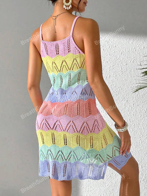Vestido Tricô Vazado Recorte Colorido Contrastante, Vestido Boêmio Feminino de Verão para Férias na Praia