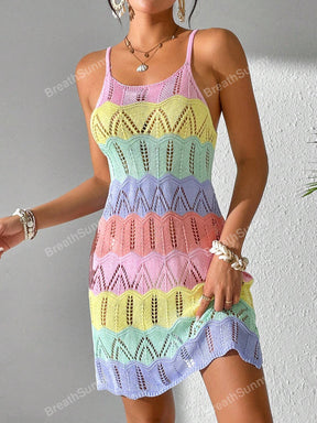 Vestido Tricô Vazado Recorte Colorido Contrastante, Vestido Boêmio Feminino de Verão para Férias na Praia