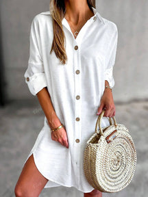QIANZHIDU Vestido Camisa Solto Grande Casual Simples de Verão e Primavera com Botão na Frente e Cor Sólida para Mulheres
