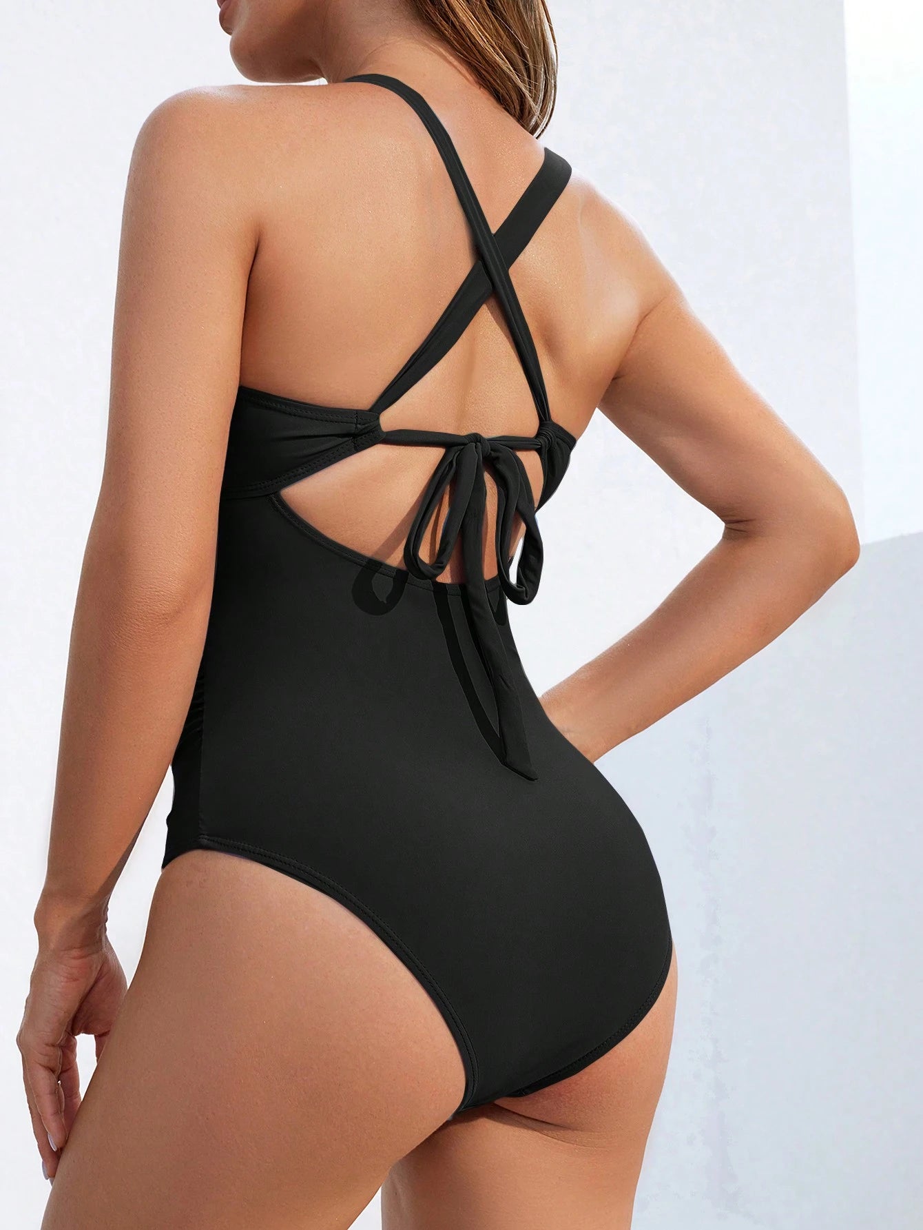 Swim DD+ Maiô Plissado Monocromático Feminino, Estilo Simples para Férias na Praia no Verão