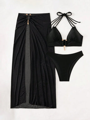 Swim SXY Conjunto de Maiô Bikini e Saída de Praia Feminino Verão Sólido Halter com Amarração, Sexy, com Saia de Cobertura, Traje de Férias