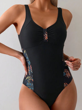 Swim Lushoire Maiô feminino de uma peça com estampa de plantas e design patchwork, ideal para veranear na praia