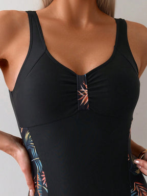 Swim Lushoire Maiô feminino de uma peça com estampa de plantas e design patchwork, ideal para veranear na praia