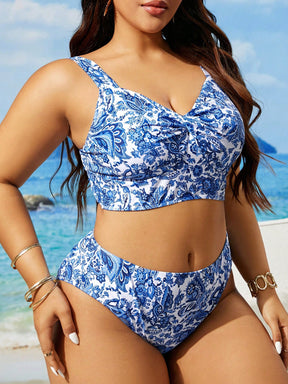 Swim Lushoire Maiô Tankini de Uso Diário Simples com Estampa Aleatória, Plus Size, Verão