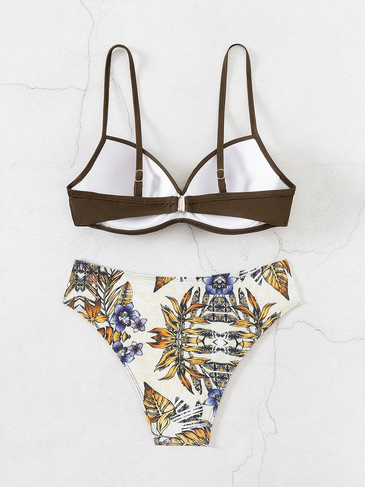 Conjunto de Maiô Bikini feminino para o verão com top sem alças cruzado à frente e Bottom de Maiô Bikini imprimido com plantas tropicais, roupa de banho, impressão aleatória