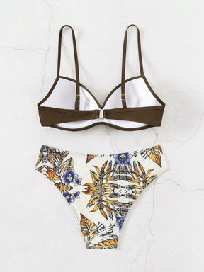 Conjunto de Maiô Bikini feminino para o verão com top sem alças cruzado à frente e Bottom de Maiô Bikini imprimido com plantas tropicais, roupa de banho, impressão aleatória