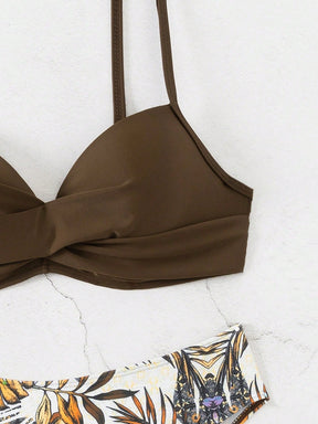 Conjunto de Maiô Bikini feminino para o verão com top sem alças cruzado à frente e Bottom de Maiô Bikini imprimido com plantas tropicais, roupa de banho, impressão aleatória