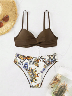 Conjunto de Maiô Bikini feminino para o verão com top sem alças cruzado à frente e Bottom de Maiô Bikini imprimido com plantas tropicais, roupa de banho, impressão aleatória