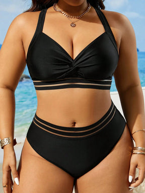 Swim Lushoire Conjunto de Maiô Bikini Plus Size de Cor Sólida Torcido para Praia de Verão
