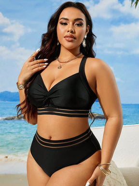 Swim Lushoire Conjunto de Maiô Bikini Plus Size de Cor Sólida Torcido para Praia de Verão