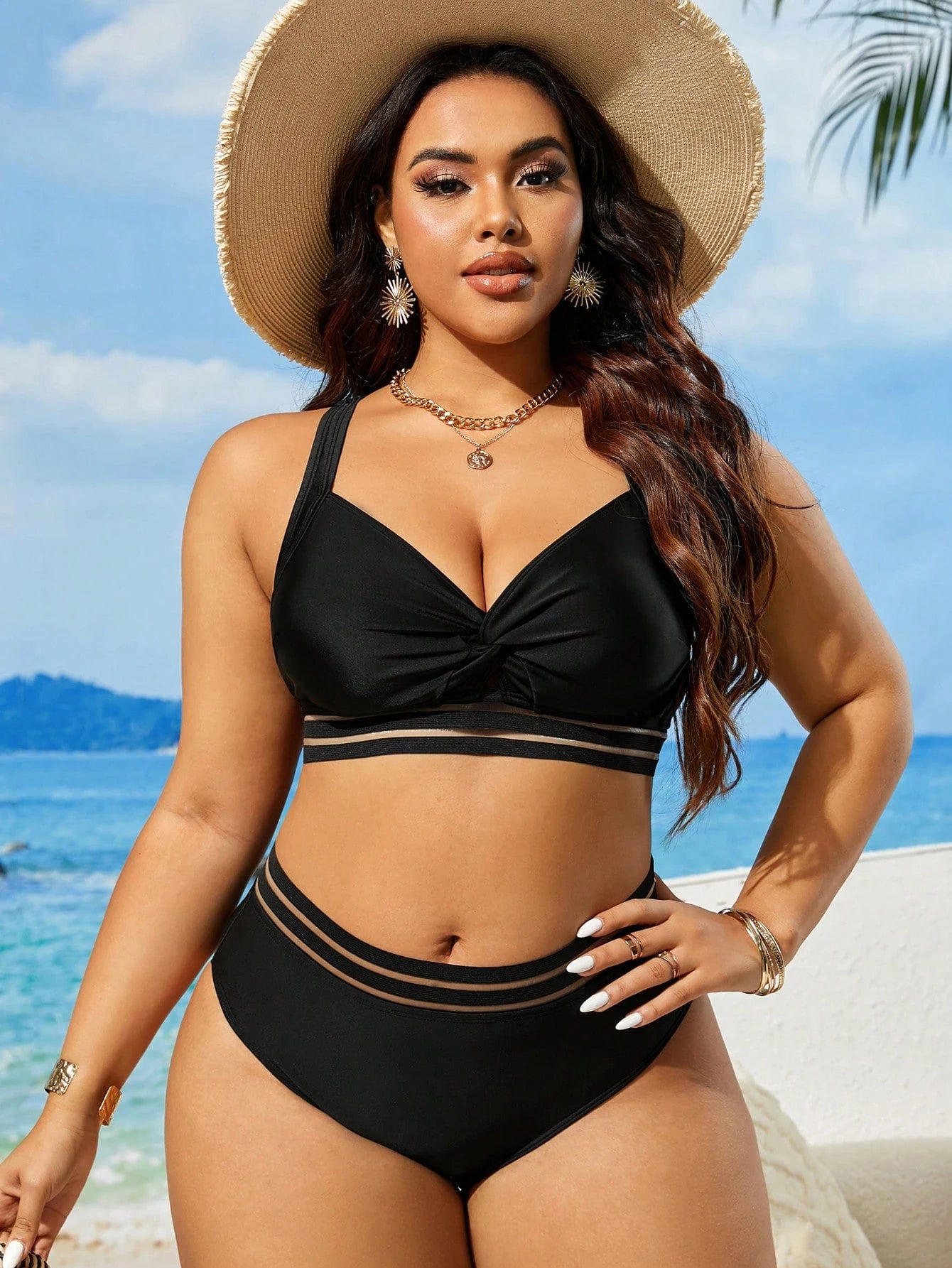 Swim Lushoire Conjunto de Maiô Bikini Plus Size de Cor Sólida Torcido para Praia de Verão
