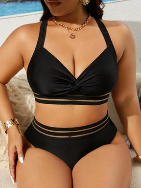 Swim Lushoire Conjunto de Maiô Bikini Plus Size de Cor Sólida Torcido para Praia de Verão