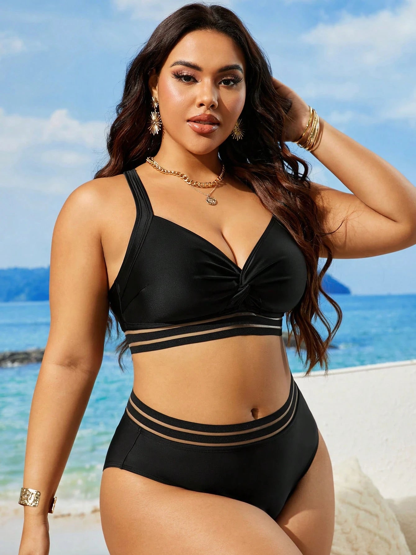 Swim Lushoire Conjunto de Maiô Bikini Plus Size de Cor Sólida Torcido para Praia de Verão